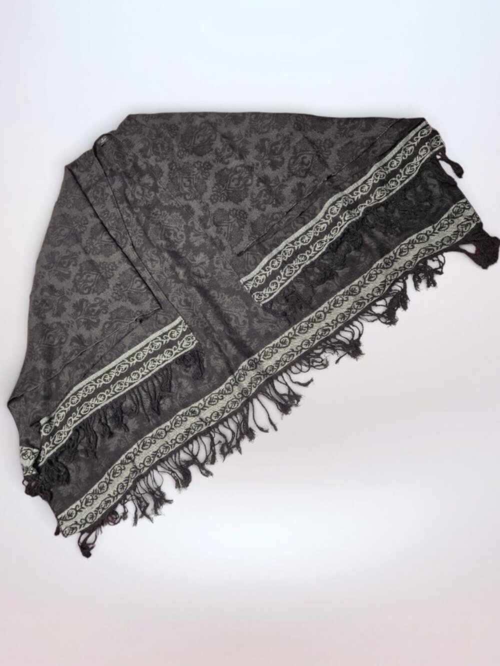 V.Fraas Black Grey Tassled Gothic Patterned Pancho